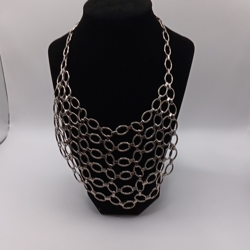 Stainless Steel Silver Multi-Layer Cascade Link Statement Necklace